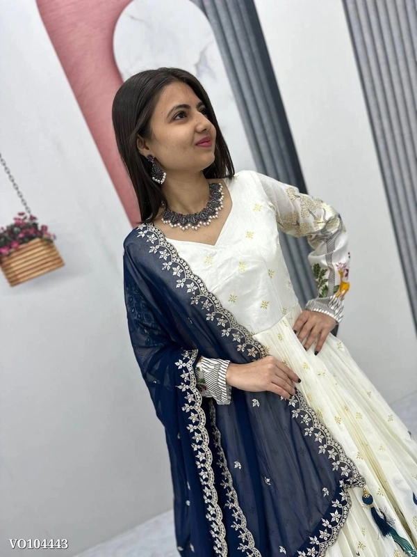 Azorte Fashion N Dola Silk Printed Gown with Foil Work & Heavy Sequin Dupatta | Fully Stitched Ethnic Wear | Sizes M to 2XL - XXL