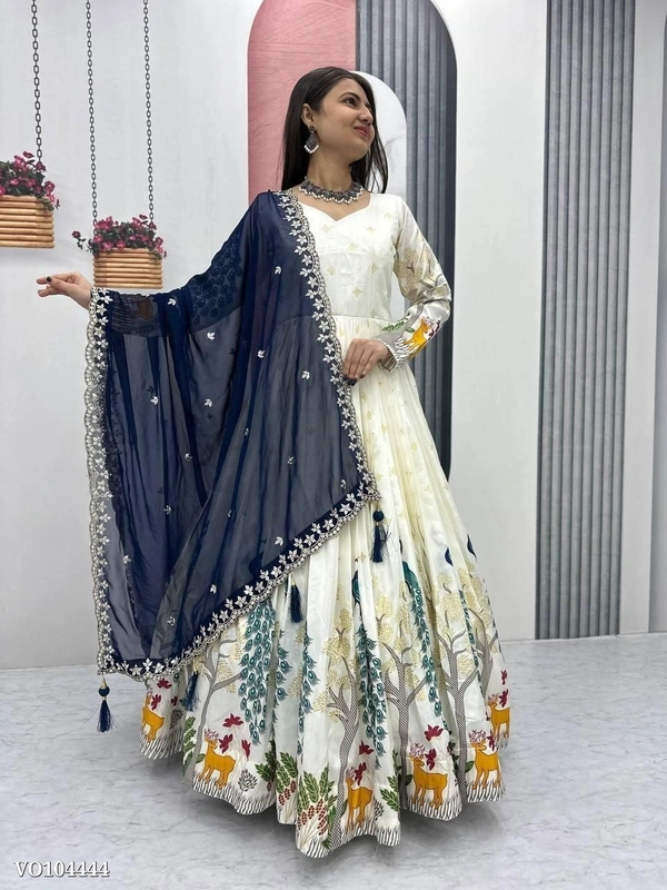 Azorte Fashion N Dola Silk Printed Gown with Foil Work & Heavy Sequin Dupatta | Fully Stitched Ethnic Wear | Sizes M to 2XL - XXL