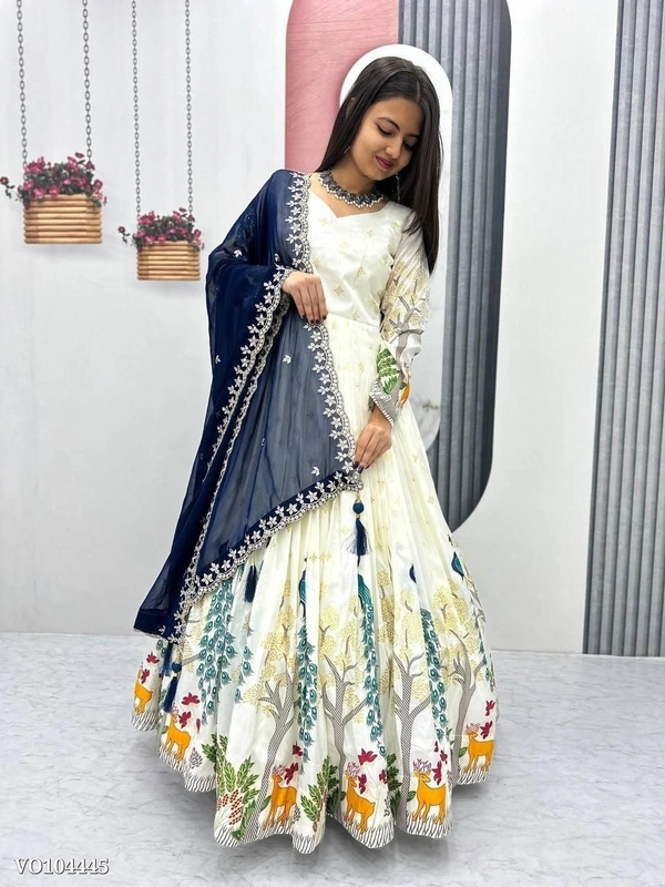 Azorte Fashion N Dola Silk Printed Gown with Foil Work & Heavy Sequin Dupatta | Fully Stitched Ethnic Wear | Sizes M to 2XL - XXL