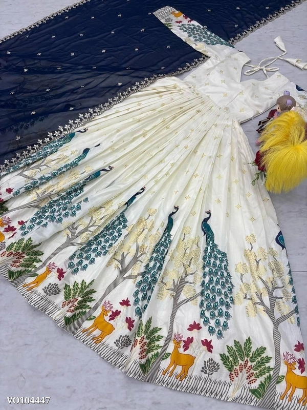 Azorte Fashion N Dola Silk Printed Gown with Foil Work & Heavy Sequin Dupatta | Fully Stitched Ethnic Wear | Sizes M to 2XL - XXL