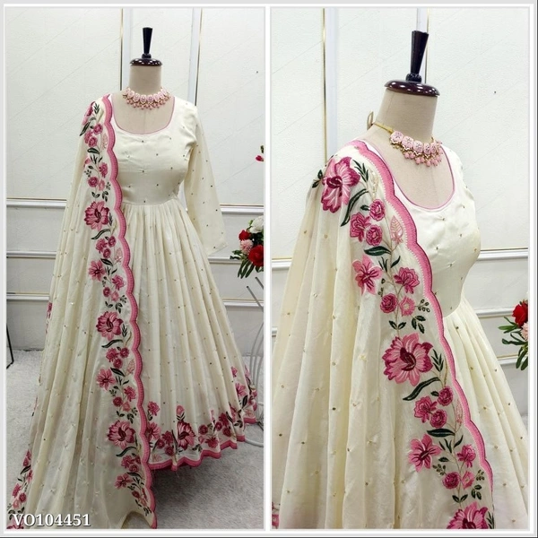 Azorte fashion N Elegant Chinon Silk Embroidered Gown Set for Women – Full Sleeves with Dupatta & Pant | Fully Stitched Party Wear | Sizes M to XXL - XXL