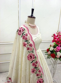 Azorte fashion N Elegant Chinon Silk Embroidered Gown Set for Women – Full Sleeves with Dupatta & Pant | Fully Stitched Party Wear | Sizes M to XXL - XXL