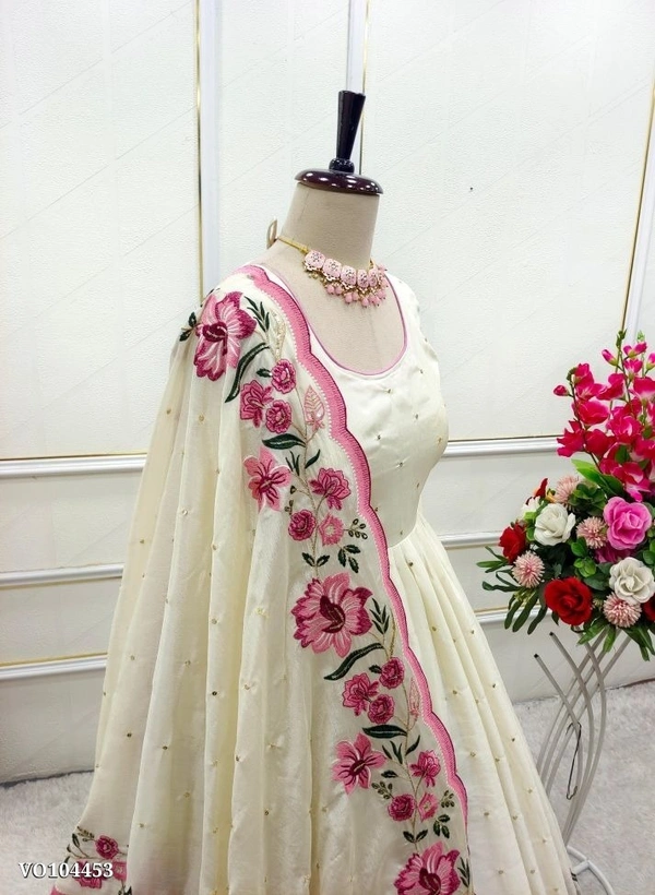 Azorte fashion N Elegant Chinon Silk Embroidered Gown Set for Women – Full Sleeves with Dupatta & Pant | Fully Stitched Party Wear | Sizes M to XXL - XXL