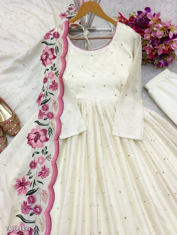 Azorte fashion N Elegant Chinon Silk Embroidered Gown Set for Women – Full Sleeves with Dupatta & Pant | Fully Stitched Party Wear | Sizes M to XXL - XXL
