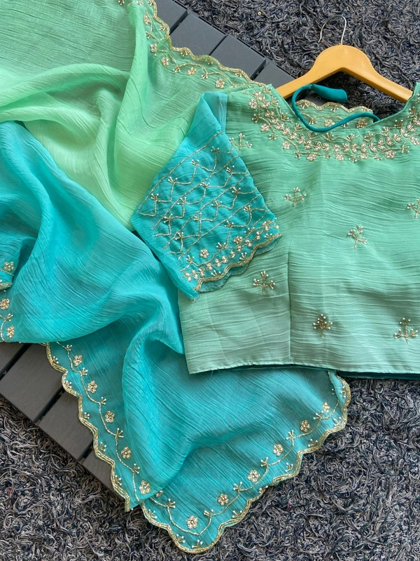 Azorte Fashion  Latest Wedding Collection – Crunchy Crush 3D Padding Saree with Handwork - Viking, Unstitched Blouse