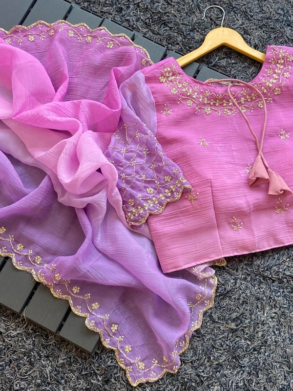 Azorte Fashion  Latest Wedding Collection – Crunchy Crush 3D Padding Saree with Handwork - Lavender Rose, Unstitched Blouse