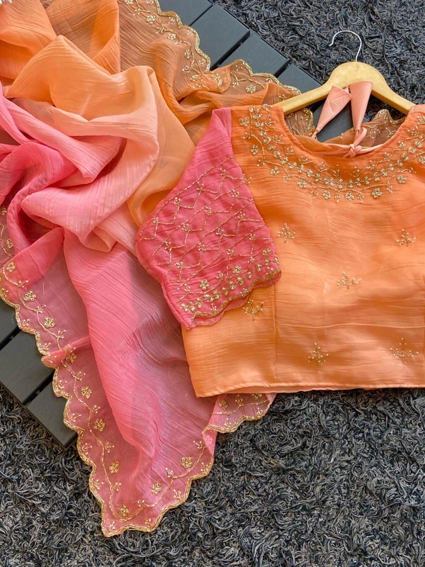 Azorte Fashion  Latest Wedding Collection – Crunchy Crush 3D Padding Saree with Handwork - Neon Carrot, Unstitched Blouse