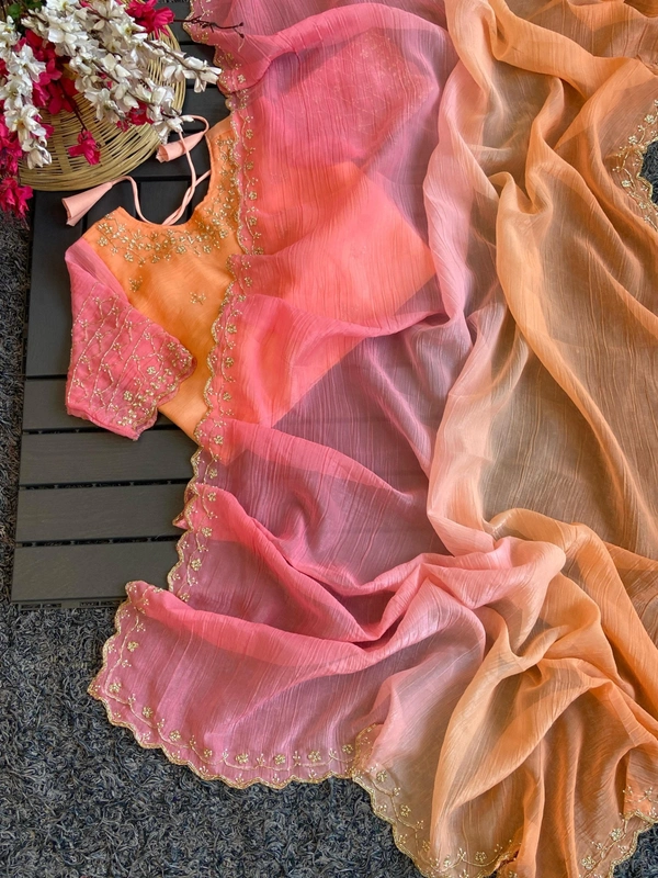 Azorte Fashion  Latest Wedding Collection – Crunchy Crush 3D Padding Saree with Handwork - Neon Carrot, Unstitched Blouse