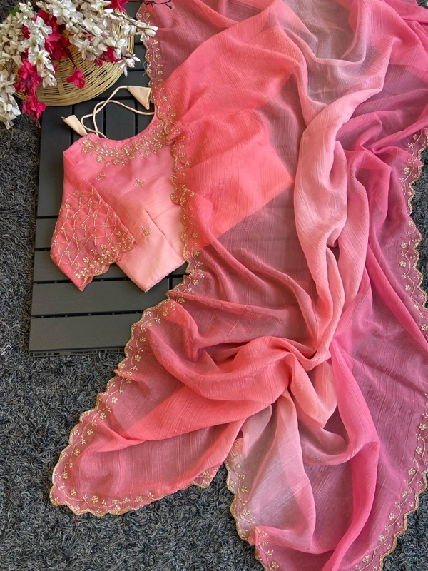 Azorte Fashion  Latest Wedding Collection – Crunchy Crush 3D Padding Saree with Handwork - Bittersweet, Stitched Blouse