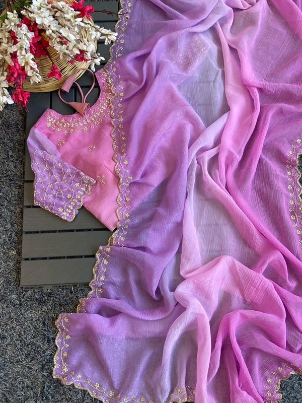 Azorte Fashion  Latest Wedding Collection – Crunchy Crush 3D Padding Saree with Handwork - Lavender Rose, Unstitched Blouse