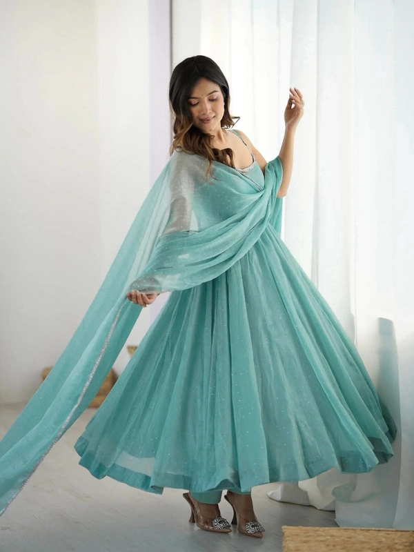 Out of Stock Designer Anarkali Gown Set with Sirozski Work & Crunchy Silk Dupatta - XL 40