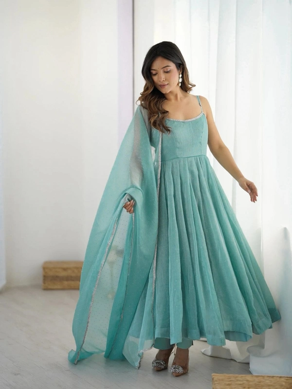Out of Stock Designer Anarkali Gown Set with Sirozski Work & Crunchy Silk Dupatta - XL 40