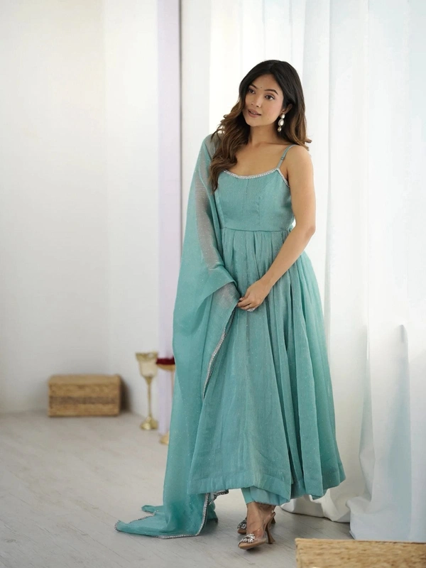 Designer Anarkali Gown Set with Sirozski Work & Crunchy Silk Dupatta