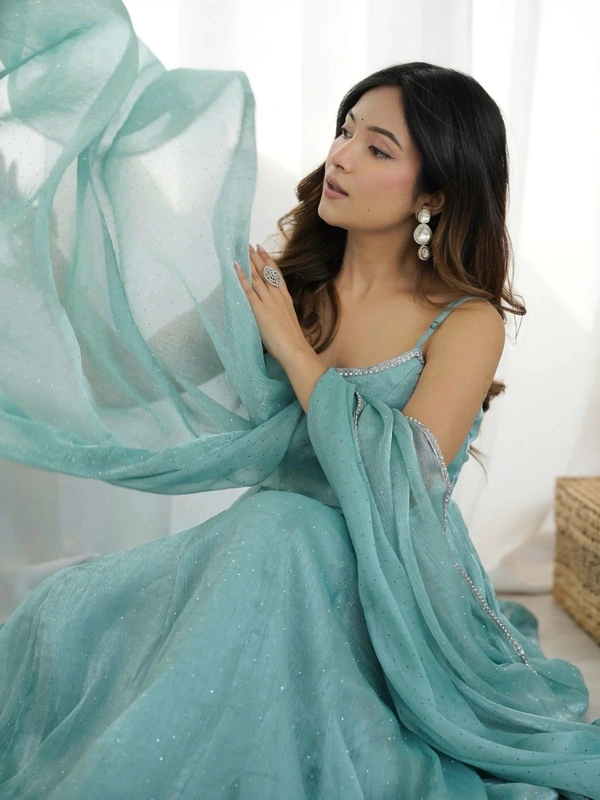 Out of Stock Designer Anarkali Gown Set with Sirozski Work & Crunchy Silk Dupatta - XL 40