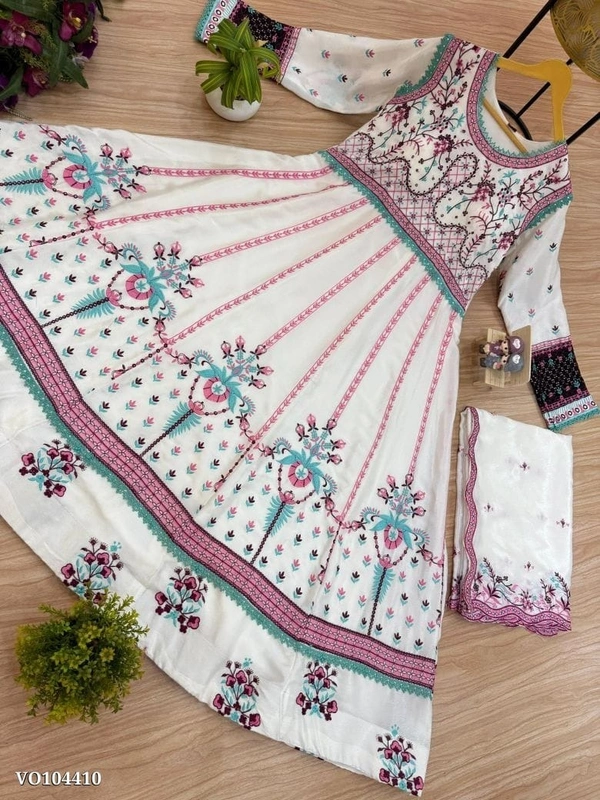 Azorte Fashion N Chinon Embroidered Gown with Cut-Work Dupatta | Full Flair 52” Length | Fully Stitched | Elegant Ethnic Wear - M