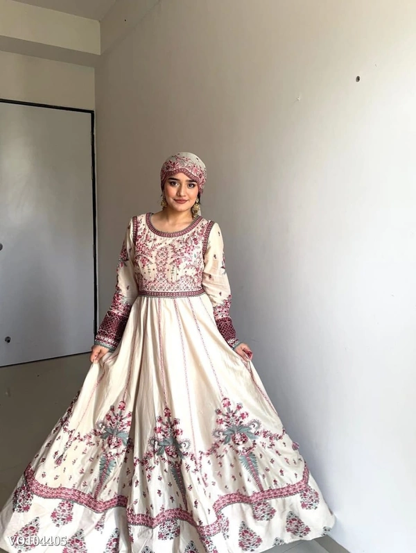 Azorte Fashion N Chinon Embroidered Gown with Cut-Work Dupatta | Full Flair 52” Length | Fully Stitched | Elegant Ethnic Wear - M