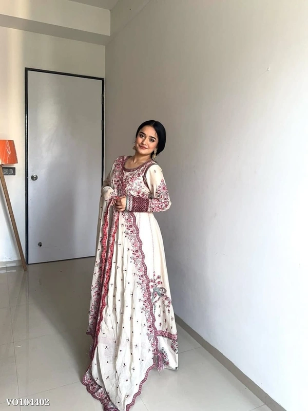 Azorte Fashion N Chinon Embroidered Gown with Cut-Work Dupatta | Full Flair 52” Length | Fully Stitched | Elegant Ethnic Wear - M