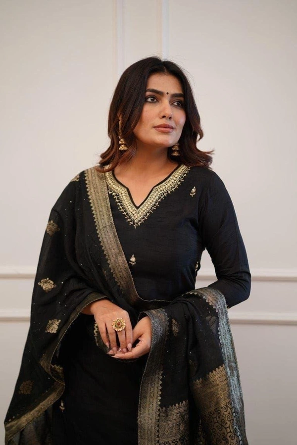 Azorte Fashion Roman Silk Designer Kurti Set with Zari & Jacquard Work | Festive Wear - Black, M (38)