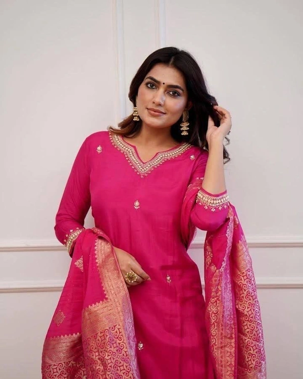 Azorte Fashion Roman Silk Designer Kurti Set with Zari & Jacquard Work | Festive Wear - Pink, XXL (44)