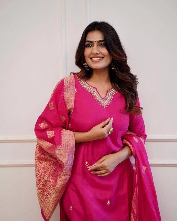 Azorte Fashion Roman Silk Designer Kurti Set with Zari & Jacquard Work | Festive Wear - Pink, XXL (44)