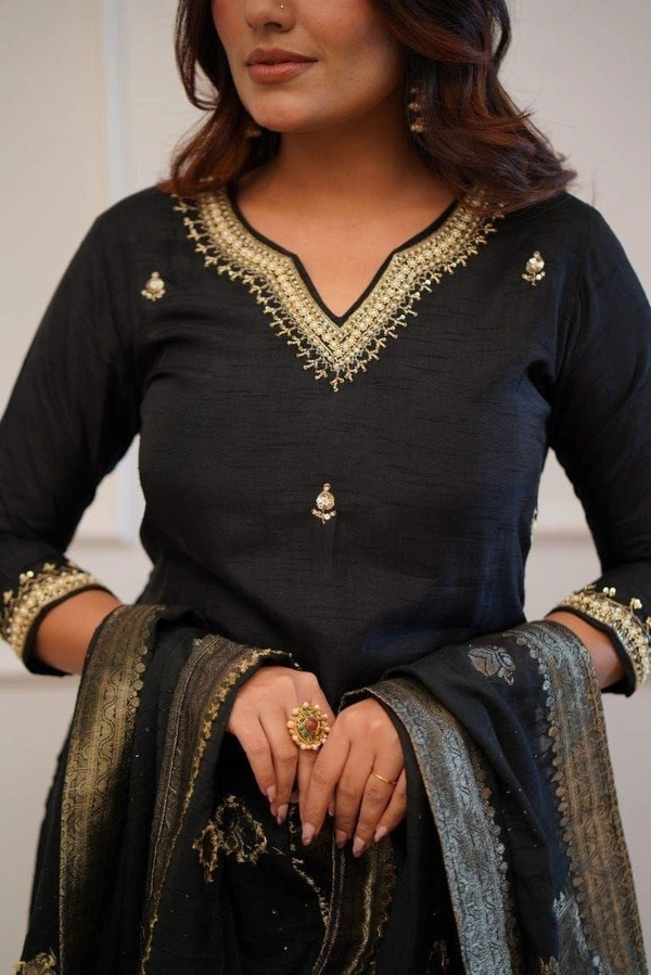 Azorte Fashion Roman Silk Designer Kurti Set with Zari & Jacquard Work | Festive Wear - Black, M (38)