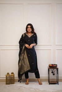 Azorte Fashion Roman Silk Designer Kurti Set with Zari & Jacquard Work | Festive Wear - Black, M (38)