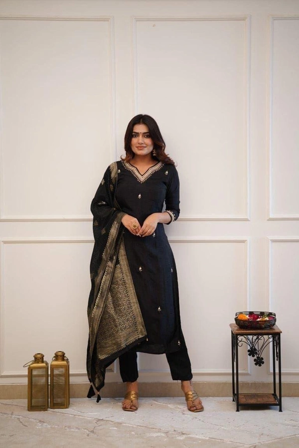 Azorte Fashion Roman Silk Designer Kurti Set with Zari & Jacquard Work | Festive Wear - Black, M (38)