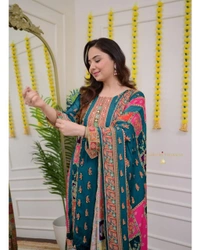 Azorte Fashion Ivory Pakistani Suit with Digital Prints & Sequin Embroidery  - L (40)