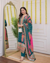 Azorte Fashion Ivory Pakistani Suit with Digital Prints & Sequin Embroidery  - L (40)