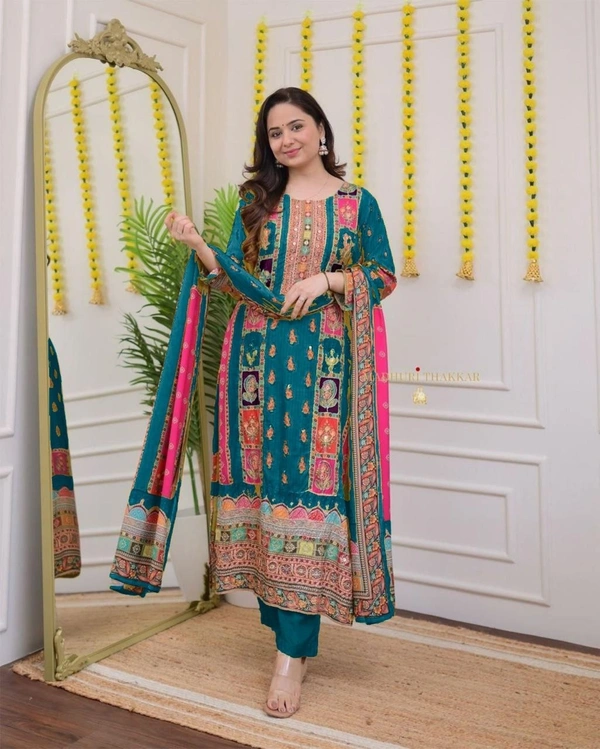 Azorte Fashion Ivory Pakistani Suit with Digital Prints & Sequin Embroidery  - L (40)