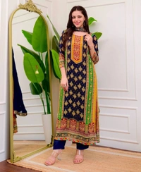 Azorte Fashion Ivory Pakistani Suit with Digital Prints & Sequin Embroidery  - L (40)
