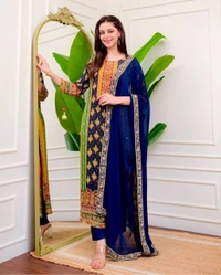 Azorte Fashion Ivory Pakistani Suit with Digital Prints & Sequin Embroidery  - L (40)