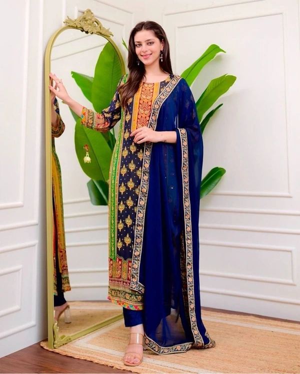 Azorte Fashion Ivory Pakistani Suit with Digital Prints & Sequin Embroidery  - L (40)