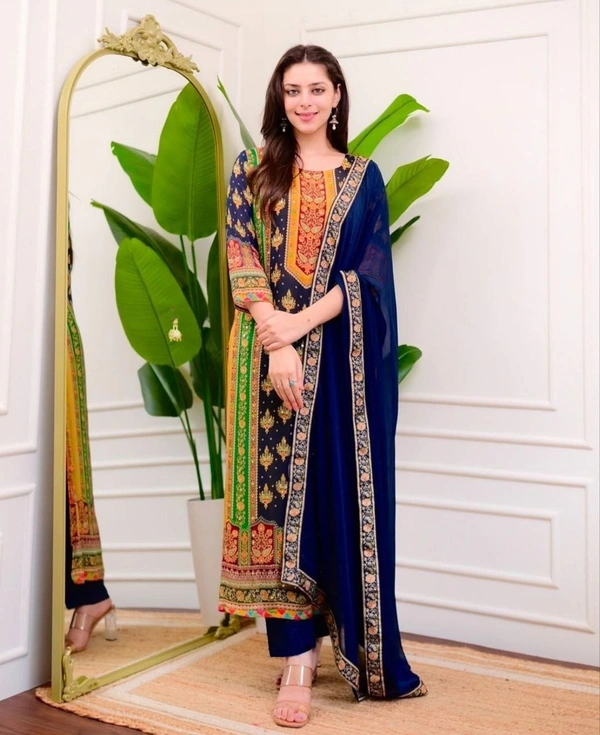 Azorte Fashion Ivory Pakistani Suit with Digital Prints & Sequin Embroidery  - L (40)