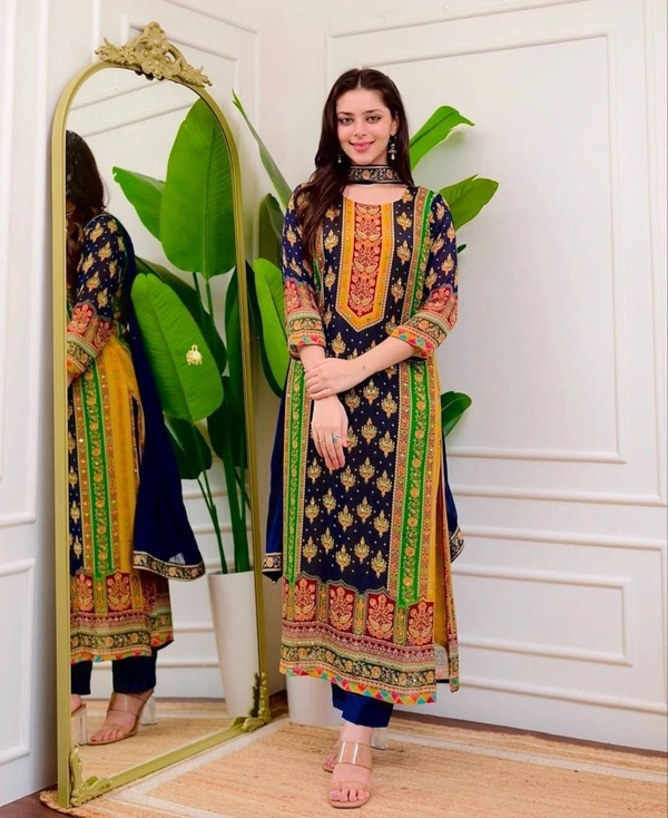 Azorte Fashion Ivory Pakistani Suit with Digital Prints & Sequin Embroidery  - L (40)