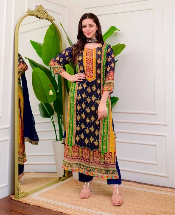 Azorte Fashion Ivory Pakistani Suit with Digital Prints & Sequin Embroidery  - L (40)