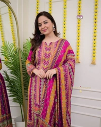 Azorte Fashion Ivory Pakistani Suit with Digital Prints & Sequin Embroidery  - M (38)