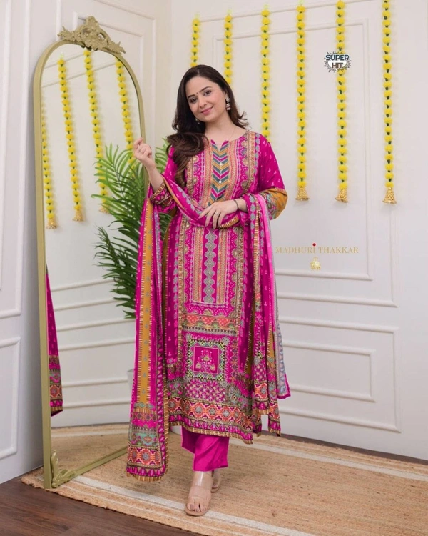 Azorte Fashion Ivory Pakistani Suit with Digital Prints & Sequin Embroidery  - M (38)