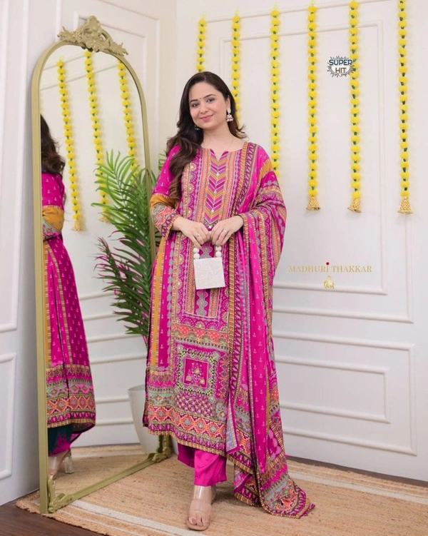 Azorte Fashion Ivory Pakistani Suit with Digital Prints & Sequin Embroidery  - M (38)