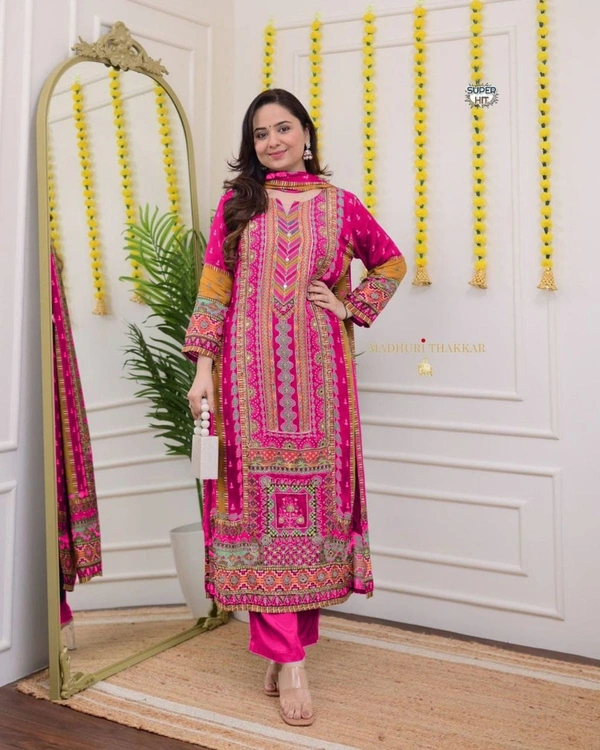 Azorte Fashion Ivory Pakistani Suit with Digital Prints & Sequin Embroidery  - M (38)
