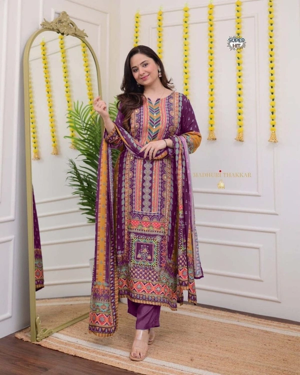 Azorte Fashion Ivory Pakistani Suit with Digital Prints & Sequin Embroidery  - XL (42)