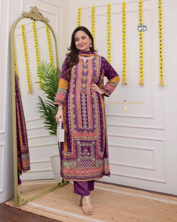 Azorte Fashion Ivory Pakistani Suit with Digital Prints & Sequin Embroidery  - XL (42)