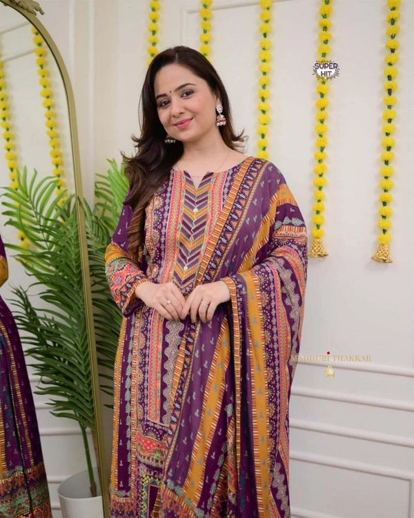 Azorte Fashion Ivory Pakistani Suit with Digital Prints & Sequin Embroidery  - XL (42)