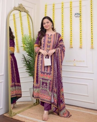 Azorte Fashion Ivory Pakistani Suit with Digital Prints & Sequin Embroidery  - XL (42)