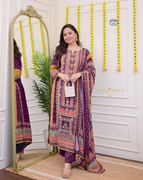 Azorte Fashion Ivory Pakistani Suit with Digital Prints & Sequin Embroidery  - XL (42)