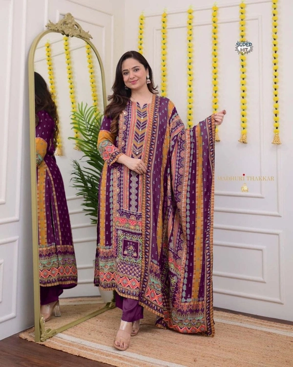 Azorte Fashion Ivory Pakistani Suit with Digital Prints & Sequin Embroidery  - XL (42)