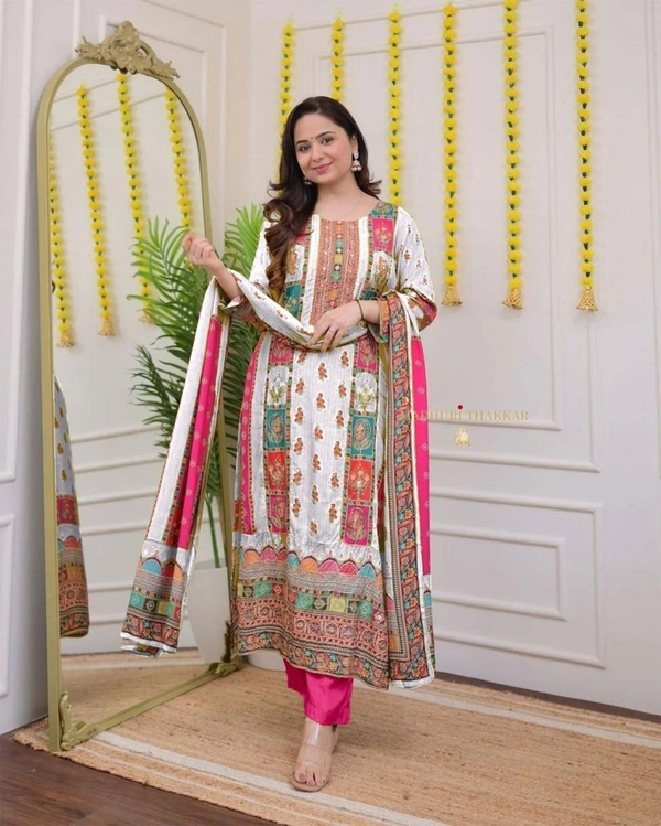 Azorte Fashion Ivory Pakistani Suit with Digital Prints & Sequin Embroidery  - L (40)