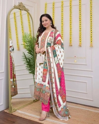 Azorte Fashion Ivory Pakistani Suit with Digital Prints & Sequin Embroidery  - L (40)