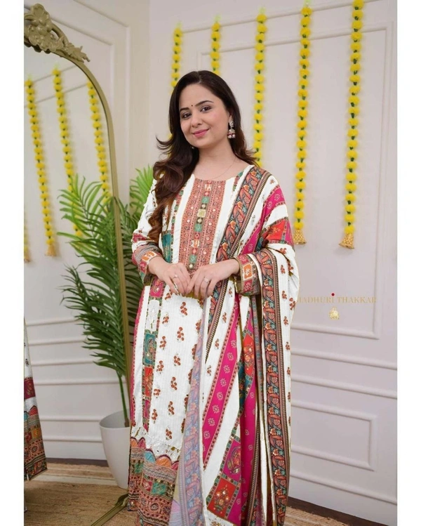 Azorte Fashion Ivory Pakistani Suit with Digital Prints & Sequin Embroidery  - L (40)