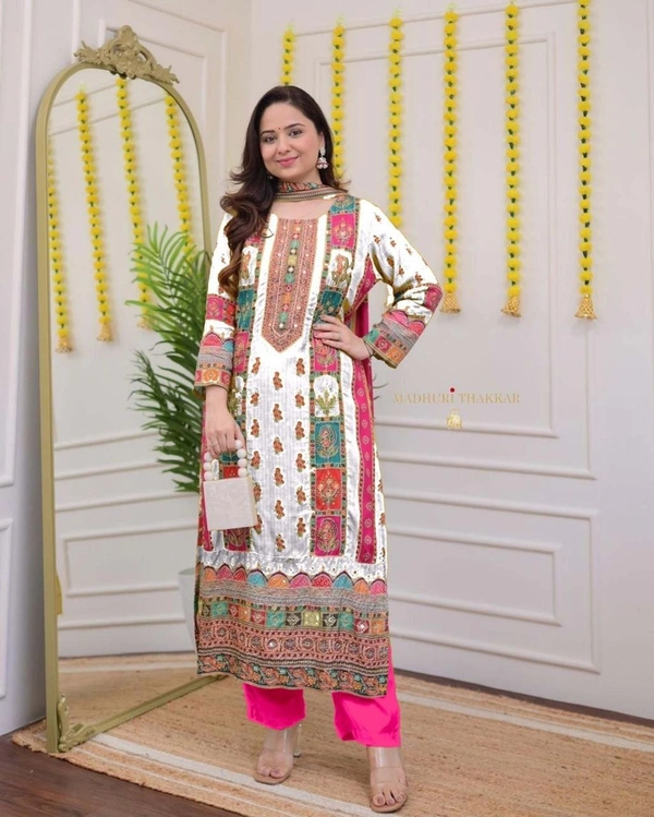 Azorte Fashion Ivory Pakistani Suit with Digital Prints & Sequin Embroidery  - L (40)